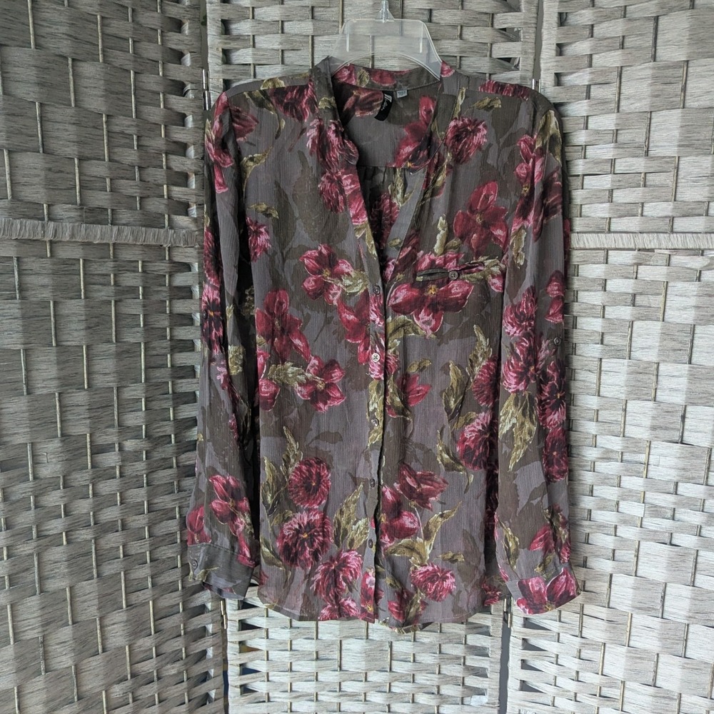 Kut from the Kloth Sheer Floral Button-Up Blouse in Gray and Burgundy